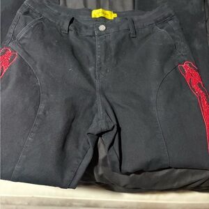 Black Relaxed Men Jeans with Red Accents